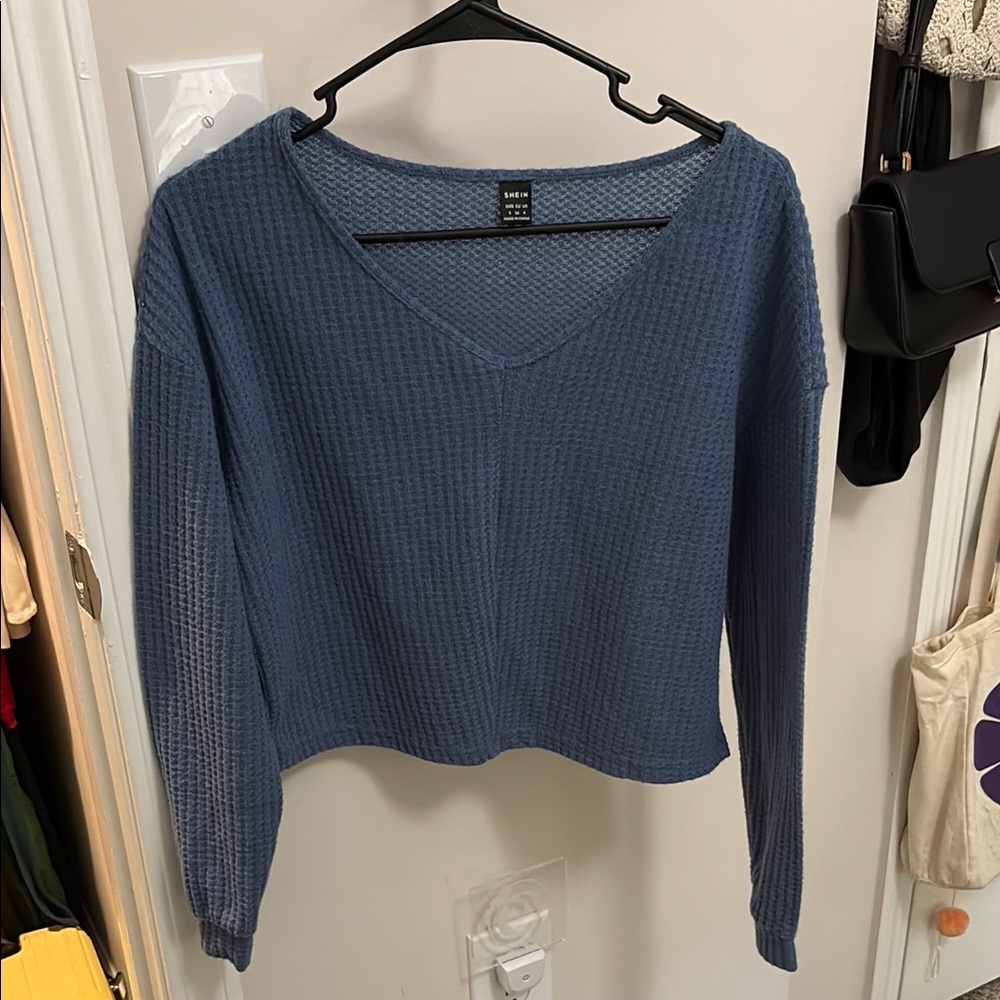 SHEIN Blue V-Neck Waffle Knit Blouse